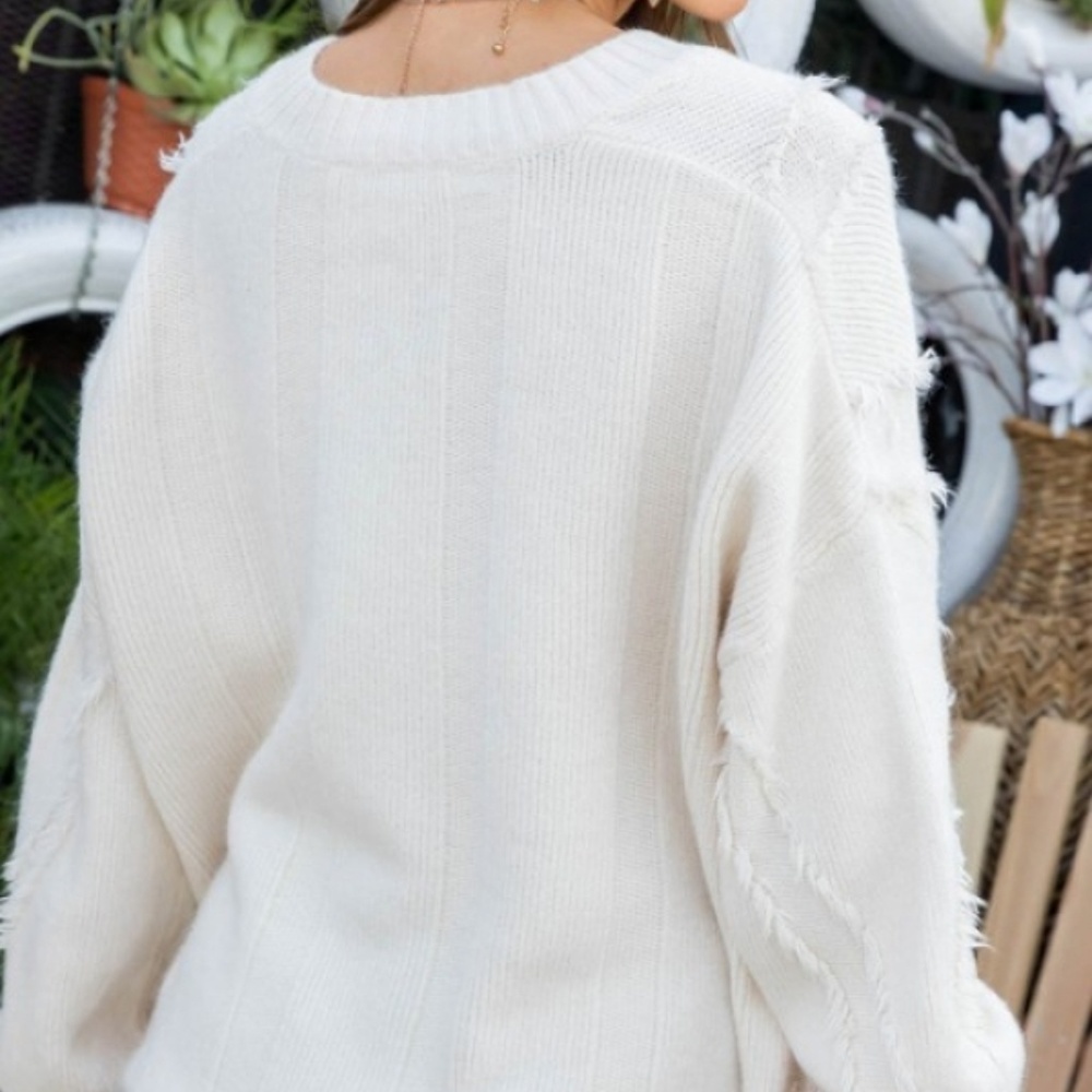 Cream Round Neck Long Sleeve Tassel Sweater - Picture 3 of 5